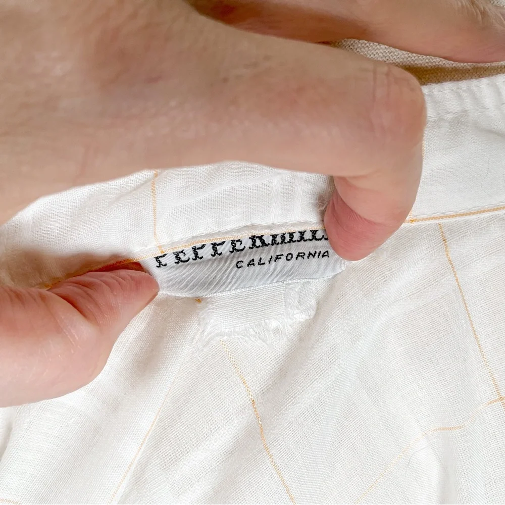 Vintage 60s 70s PepperHill White and Gold Plaid Puff Sleeve Tie Waist Button Top - Picture 9 of 9